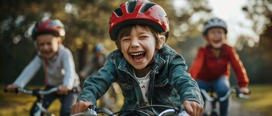 Active Childhood Adventure: Young Boy Riding Bike near Playground with Swings and Slides in Colorful Helmet