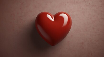 Obraz premium Glossy red heart on textured brown background, 3D romantic symbol of love, shiny plastic heart shape for Valentine's Day and wedding concepts