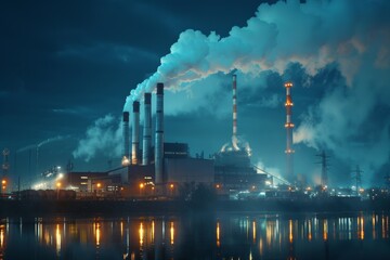 Factory at night with glowing lights and smokestacks, representing the ongoing carbon emissions even during non-operational hours.