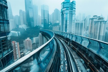 Fototapeta premium Elevated monorail track winding through a futuristic cityscape, highlighting advanced public transportation solutions in densely populated urban centers 