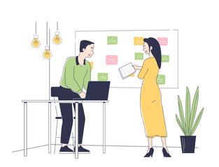 People with scrum board. Man and woman stand near board with sticky notes. Organization of effective work process. Goal setting and planning, motivation. Linear vector illustration