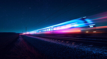 Obraz premium Spectacular view of colorful lights of fast train on the move on rails under night starry dusk sky