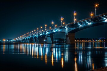 Fototapeta premium Night view of a bridge with lights reflecting on the water, showcasing the connectivity and beauty of transport infrastructure at night 
