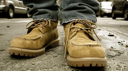 A pair of brown leather boots worn by a person wearing jeans are shown on a city street.