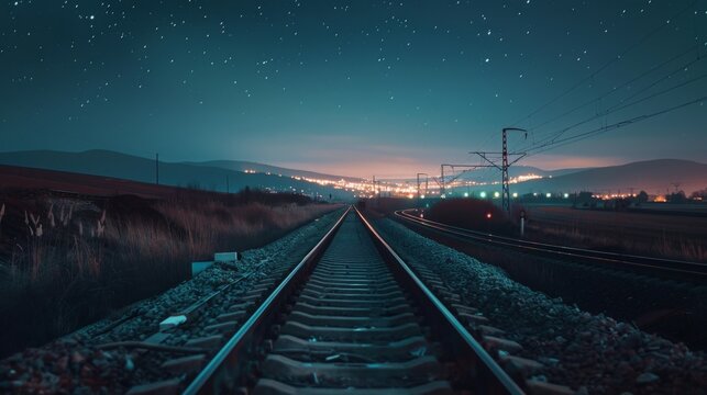 Train tracks illuminated by distant city lights under a starry sky, highlighting the serene and steady nature of rail transport at night 