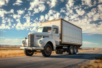 Vintage transport truck restored to pristine condition, set against a simple backdrop to highlight its classic design and historical significance 