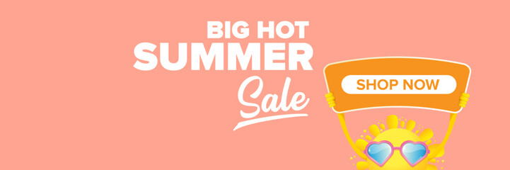 Summer Sale horizontal wide web banner. summer happy sun character holding sign or banner with special offer sale text isolated on soft pastel pink horizontal background. Summer sale