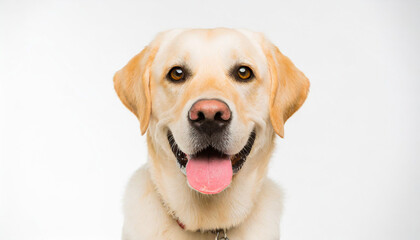 Portrait of a blond labrador retriever dog looking at the camera with a big smile isolated on a white background