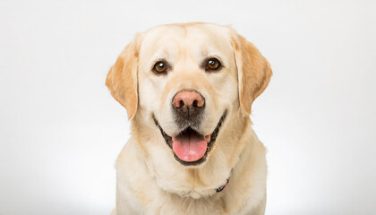 Portrait of a blond labrador retriever dog looking at the camera with a big smile isolated on a white background
