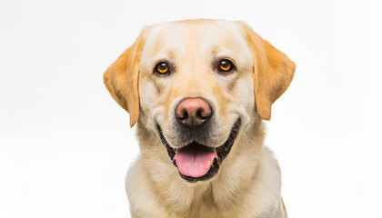 Portrait of a blond labrador retriever dog looking at the camera with a big smile isolated on a white background
