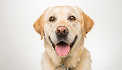 Portrait of a blond labrador retriever dog looking at the camera with a big smile isolated on a white background