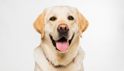 Portrait of a blond labrador retriever dog looking at the camera with a big smile isolated on a white background