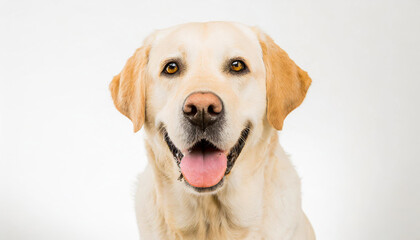 Portrait of a blond labrador retriever dog looking at the camera with a big smile isolated on a white background
