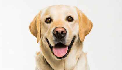 Portrait of a blond labrador retriever dog looking at the camera with a big smile isolated on a white background