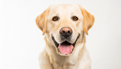 Portrait of a blond labrador retriever dog looking at the camera with a big smile isolated on a white background