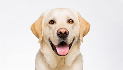 Portrait of a blond labrador retriever dog looking at the camera with a big smile isolated on a white background