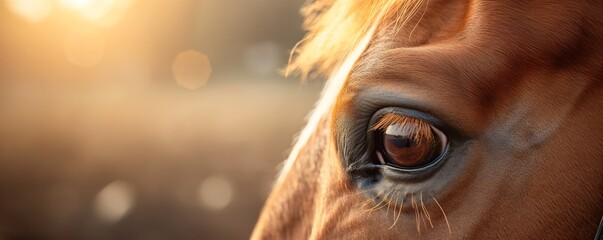 A captivating close-up shot highlighting the profound details and reflections in a horse's eye, under a warm, golden light, showcasing its sensitivity and depth.