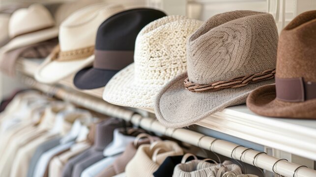 A shelf in a closet with a variety of hats organized on it