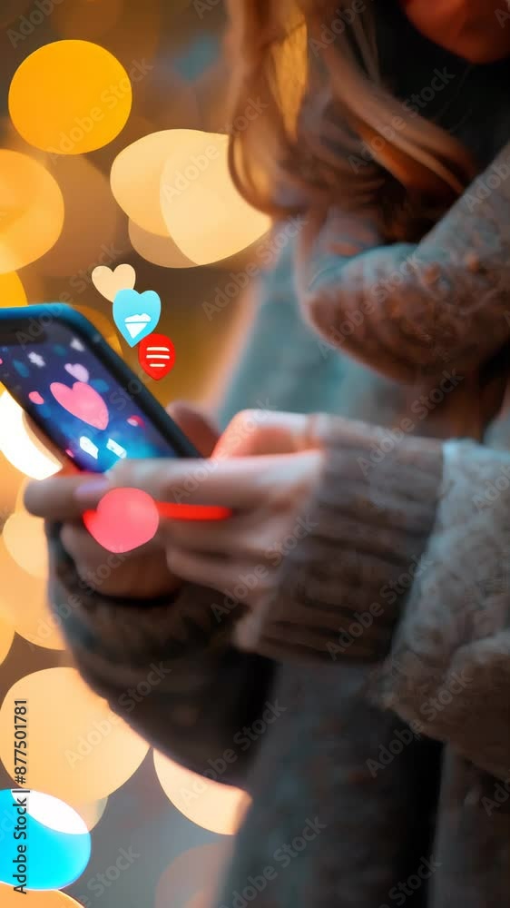 Poster Person using smartphone with social media icons and bokeh lights in the background. Concept of digital communication and online interaction. Ideal for technology and lifestyle themes
