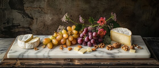 Elegant Cheese Platter on Marble Board with Assorted Grapes and Nuts - Gourmet Selection for Sophisticated Gathering