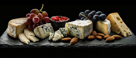 Artisan Cheese Platter with Grapes, Nuts, and Variety of Textures on Dark Slate Board - Gourmet Appetizer Display for Celebration and Entertainment