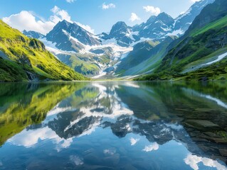 serene alpine lake reflecting snowcapped peaks crystalclear waters mirror majestic mountains creating a breathtaking panorama of natural beauty tranquil atmosphere evokes awe and wonder