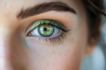 Close-Up of a Green Eye with Green Eyeshadow and Natural Freckles