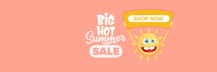 Summer Sale horizontal wide web banner. summer happy sun character holding sign or banner with special offer sale text isolated on soft pastel pink horizontal background. Summer sale