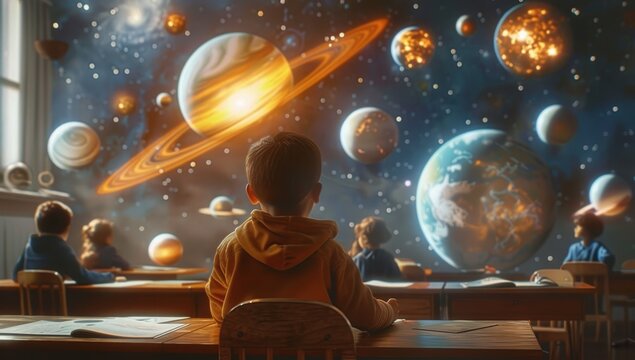 Group of skilled elementary student studying about astronomy and space at classroom by using technology innovation to simulate planet. Diverse children playing and exploring planet and star.