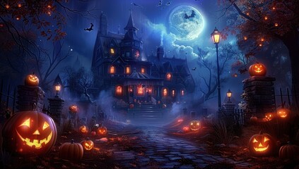 Obraz premium Halloween background with pumpkins and haunted house - 3D render. Halloween background with Evil Pumpkin. Spooky scary dark Night forrest. Holiday event halloween banner background concept 