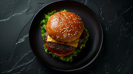 A beautifully arranged gourmet burger on a sleek black plate, shot from directly above, with selective focus on the juicy patty and melting cheese. Ai generated