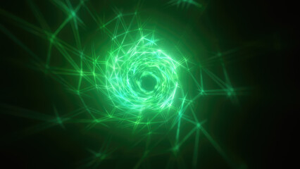 Abstract bright green glowing background with a tunnel of lines and stripes of energy of burning rays of plasma and electricity with light