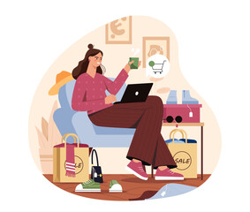 Woman with online store. Young girl sitting with laptop and choosing goods. Shopping on internet and electronic commerce, home delivery. Retail and marketplace. Cartoon vector illustration
