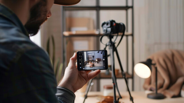 A man sets up a camera on a tripod in a home studio, glancing at his phone to adjust the shot, with shelves and a lamp in the background.