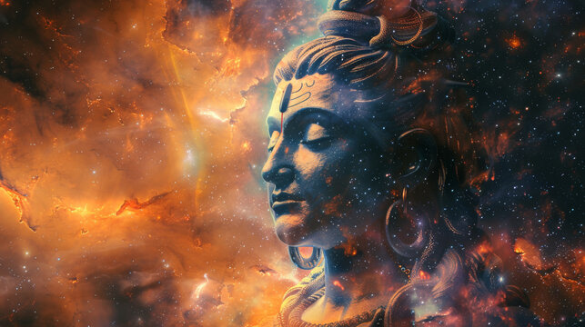 Majestic celestial depiction of a god surrounded by cosmic clouds and stars.