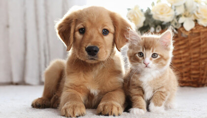 Friendship of puppy and kitten - golden retriever puppy and kitten cuddling