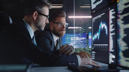 Fototapeta premium Two business professionals intensely reviewing multiple screens displaying financial data and analysis in a sleek office.