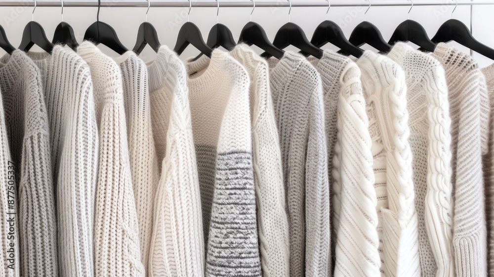 Wall mural Eight white knit sweaters, some with cable knit patterns, hang on a wooden rail against a wood panel background