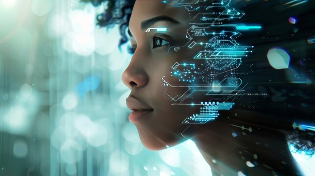 Visionary futuristic woman  symbolizing female innovation and progress in tomorrow s world