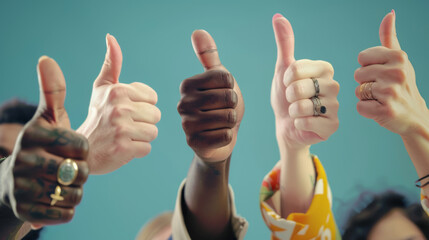 Diverse hands giving a thumbs up against a blue background, celebrating unity, support, and positivity in a vibrantly inclusive image.