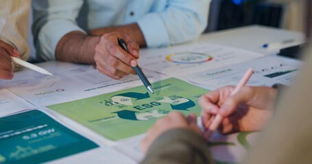 Closeup group Asia businesspeople talk ESG strategies risk management workshop night, SDGs, global...