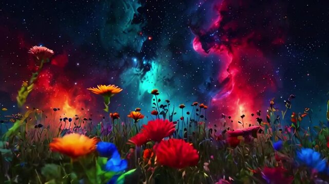 A garden of cosmic flowers and plants growing within a nebula. The colors are vibrant and ever-changing, with plants that seem to be made of stardust and energy, 4K High-Quality wallpaper animation