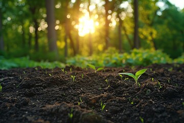 Young Seedlings Sprouting in a Sunlit Forest Clearing
