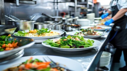 Obraz premium A kitchen counter with a variety of plates of food, including broccoli
