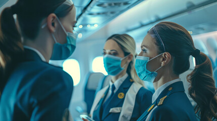 Flight attendants discuss safety protocols inside airplane cabin wearing medicine safe masks
