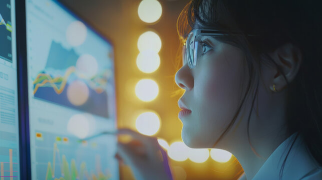 A focused professional analyzes data on multiple screens in a high-tech office, with city lights twinkling in the background, illustrating modern technological proficiency.