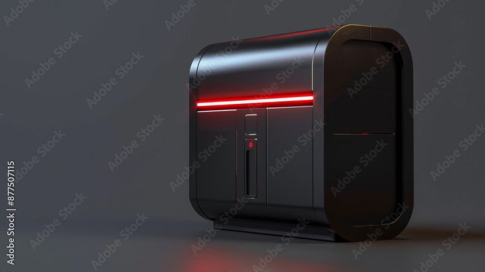 Poster A black, rectangular device with a red light on top sits on a gray surface. It has a slot on the front and a rounded top edge.