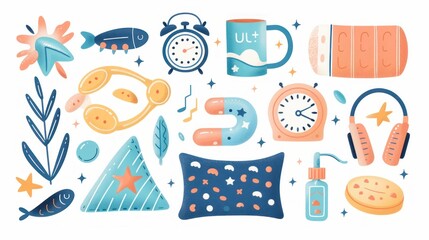 Essentials for a good night's sleep including sleeping pills, an alarm clock, and a pillow.