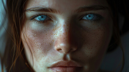 Fototapeta premium A striking close-up portrait highlighting a person’s intense blue eyes and freckles, creating a powerful visual impact.