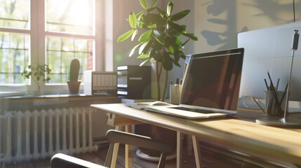 A sunlight-drenched home office with an open laptop, plants, and clean, minimalist decor, creating a productive and serene work-from-home environment.